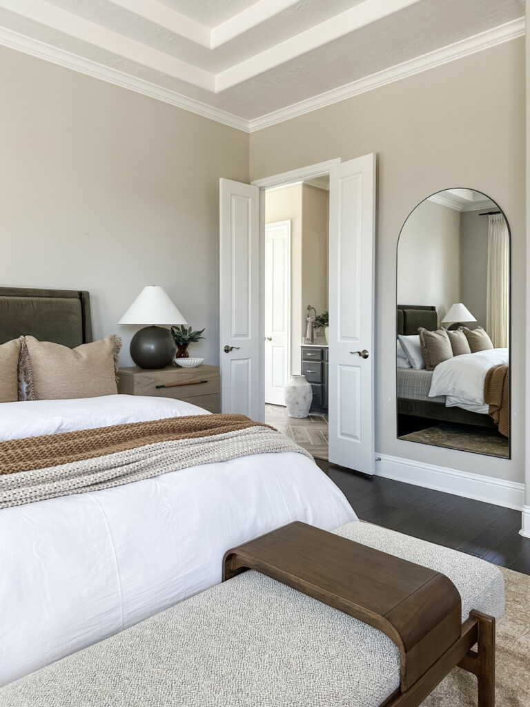 reimagining rest our stunning bedroom reveal | how to, bedroom styling, home, home decor, room refresh, bedroom, nightstand, neutral home, modern home, sleek, arched mirror, home favorites