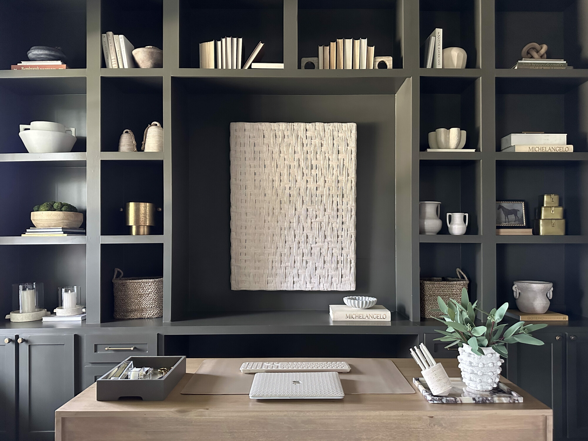 tips for creating a functional and comfortable home office | home, home office, home office styling, productivity, comfortable, work from home, bookcase, desk, looks for less