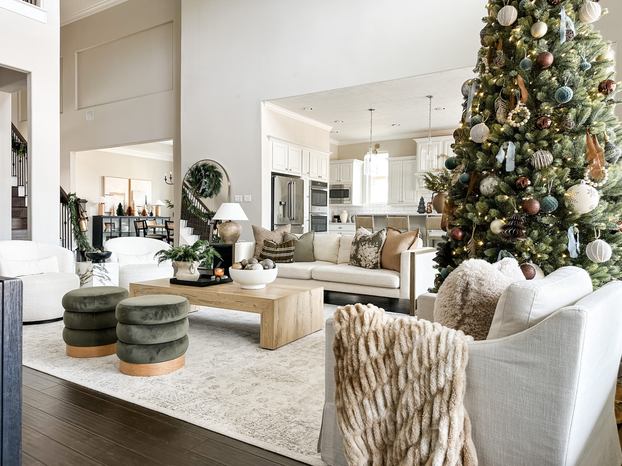 home for the holidays decor round up | holiday, holiday home, holiday home tour, holiday living room, Christmas, Christmas tree, wreath, faux fur, blanket, area chair