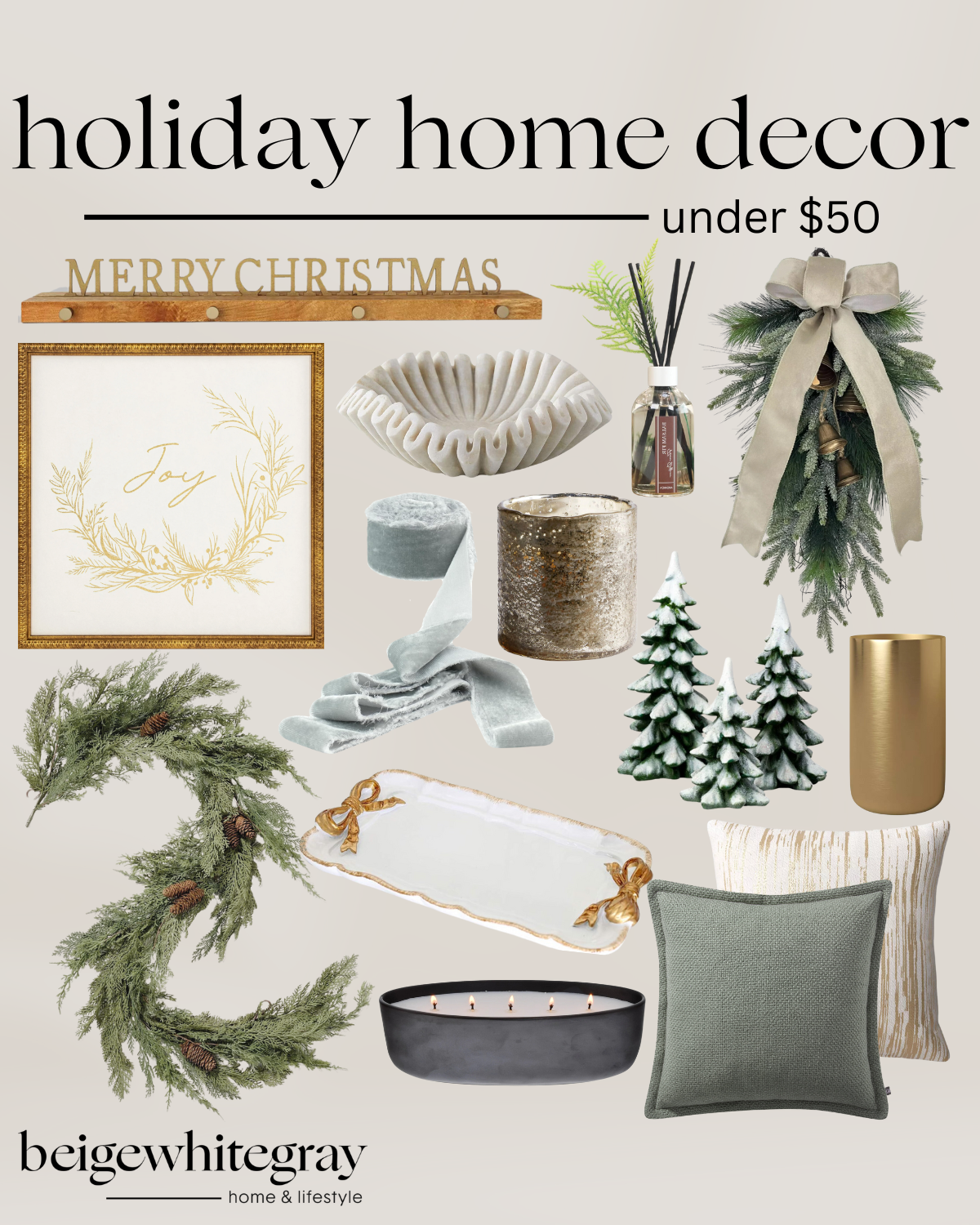 home for the holidays decor round up | holiday, holiday home, holiday home tour, Christmas, affordable holiday, budget friendly decor, garland, Merry Christmas, Christmas tree, serving tray