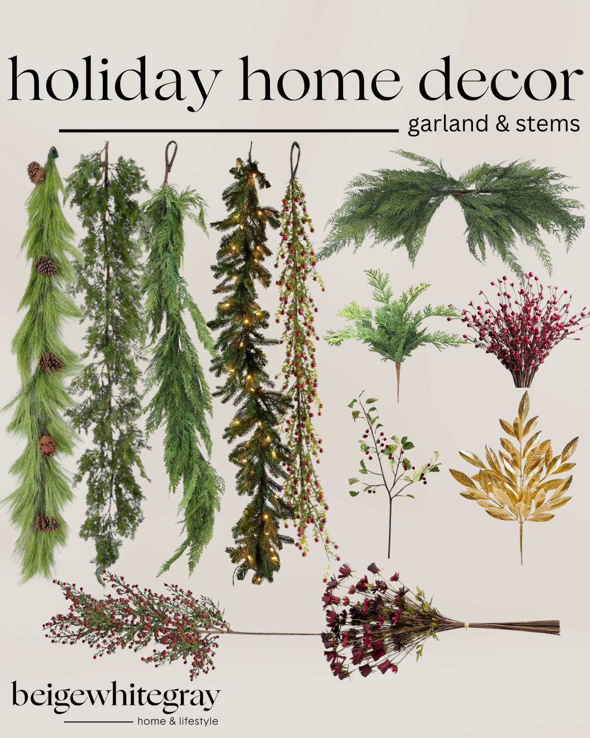 'Tis the Season to Style Your Holiday Mantel | cedar, pine, garland, stems, cranberry, gold leaf, branch, cosmos, flower, greenery, collage, home