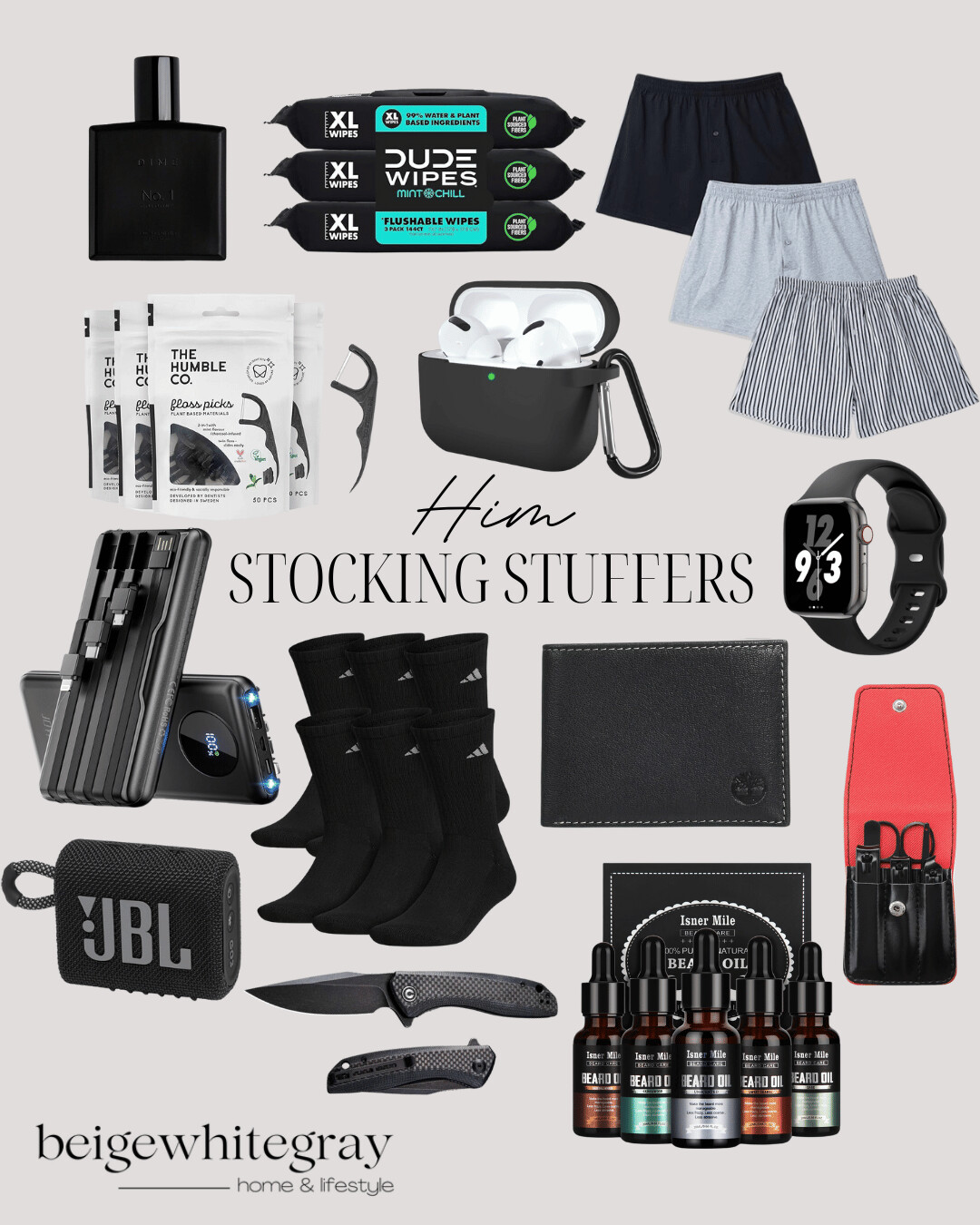 last minute gift ideas | gift guide, gifts for her, gifts for him, stocking stuffers, gifts he will love, beard oil, socks, electronic gifts
