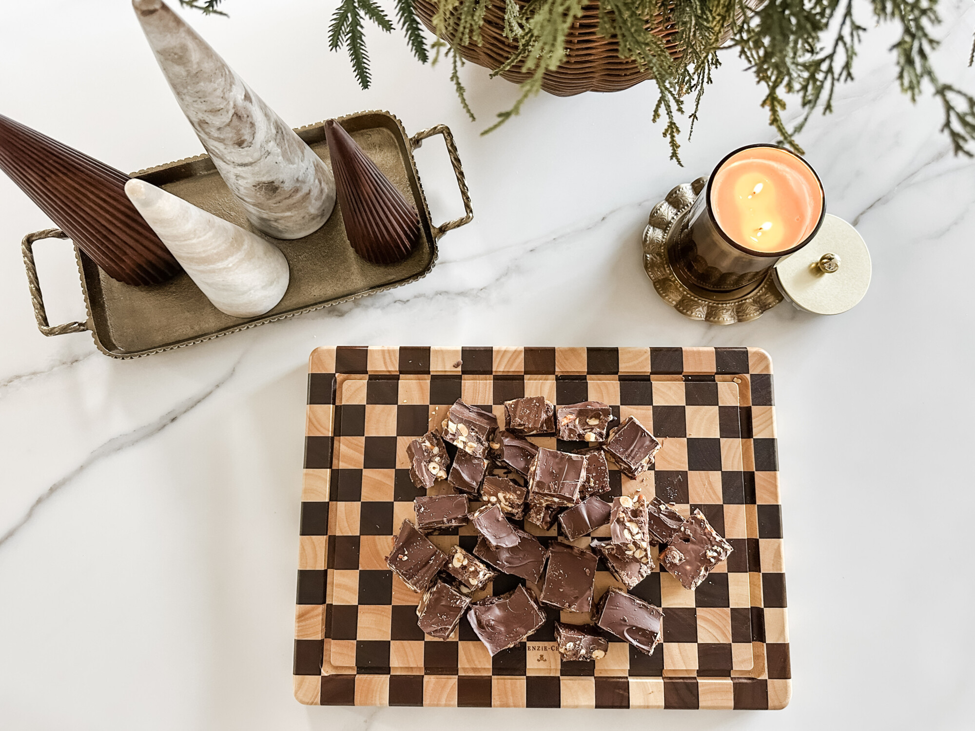 bridge mix bark the perfect holiday treat | holiday, holiday gift, Christmas, Christmas gift idea, DIY gift, checkered carving board, Mackenzie-Childs, Christmas tree, candle