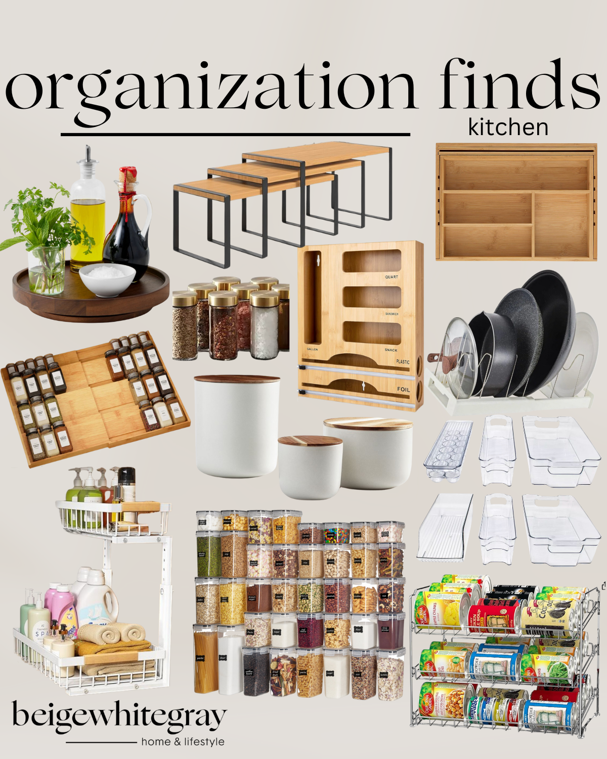kitchen organization, kitchen essentials, kitchen refresh, kitchen storage, pot and pan rack, drawer organizer, spice jars, pantry storage, lazy susan