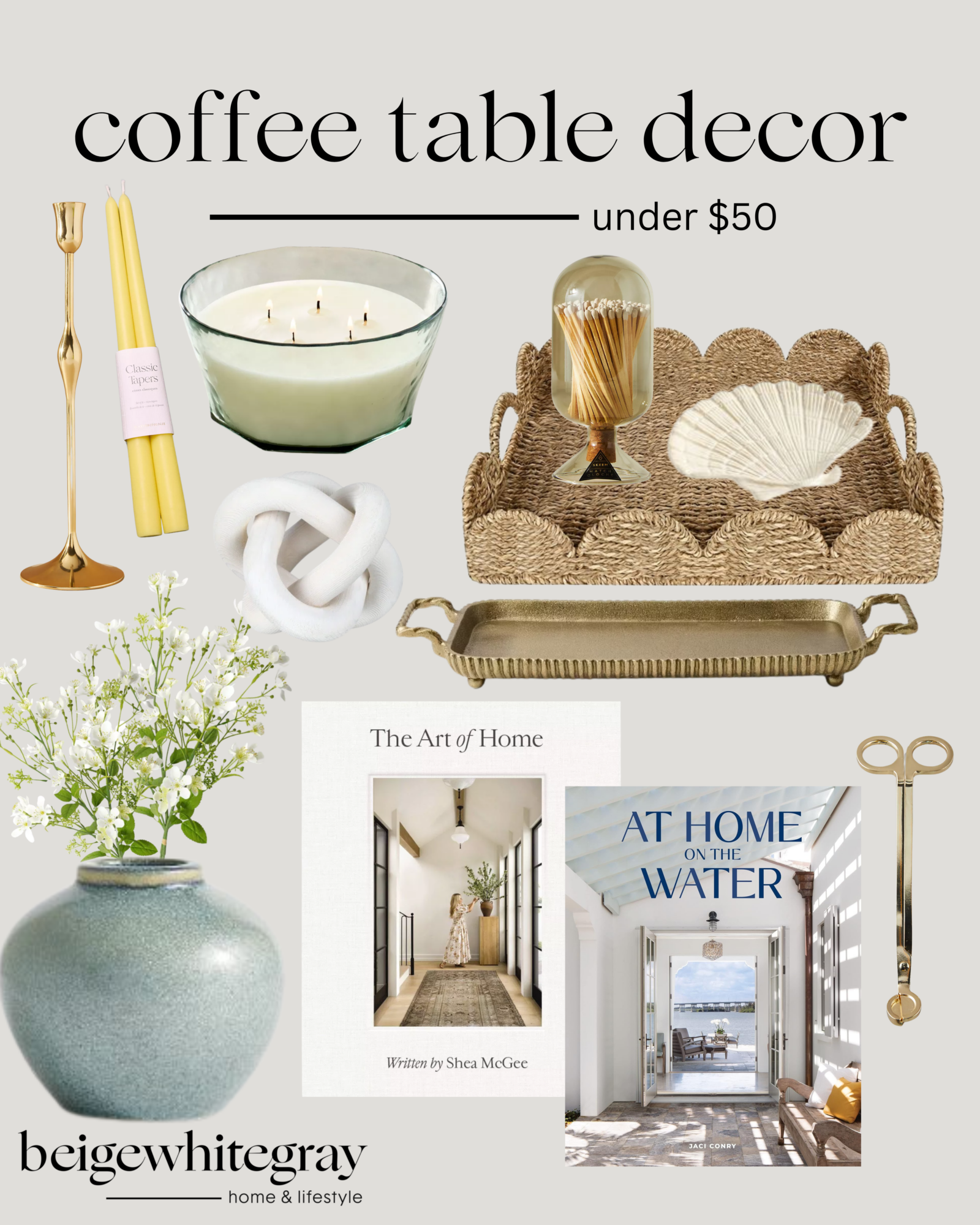 coffee table decor under $50, coffee table inspo, neutral coffee table, summer coffee table