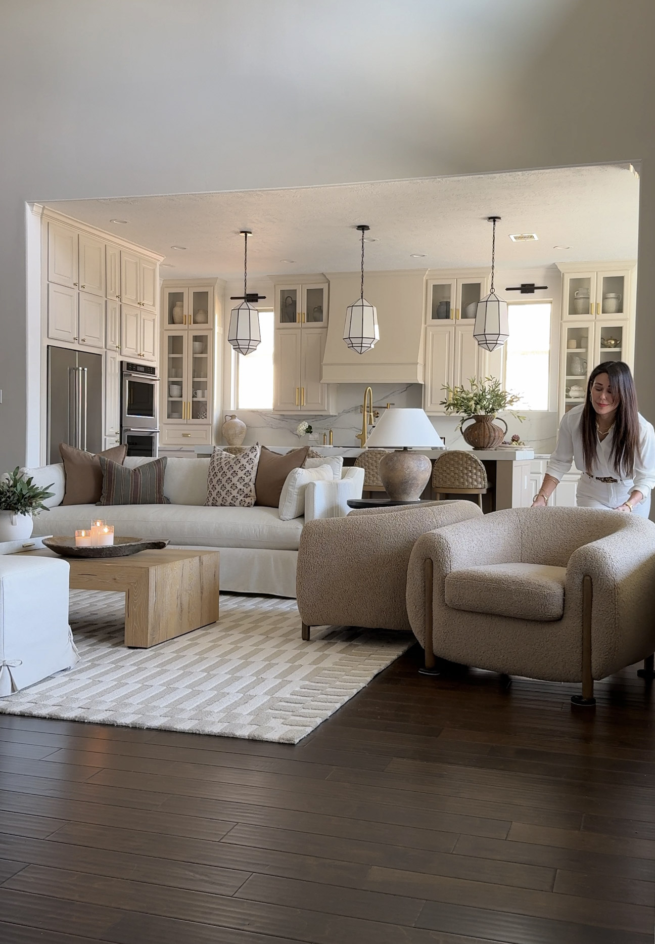 brown teddy bear fabric accent chairs and beige area rug