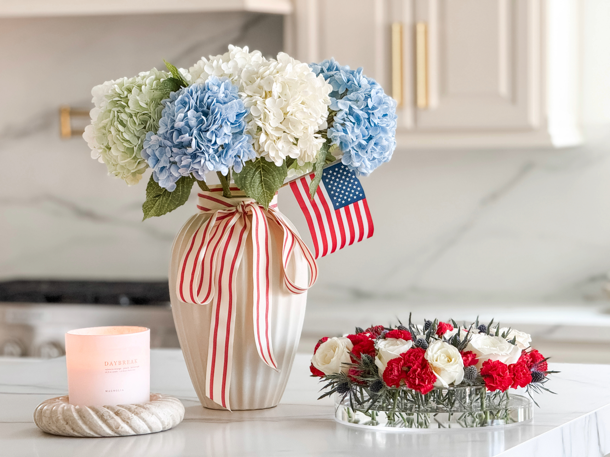 fourth of july flower arrangement in kitchen