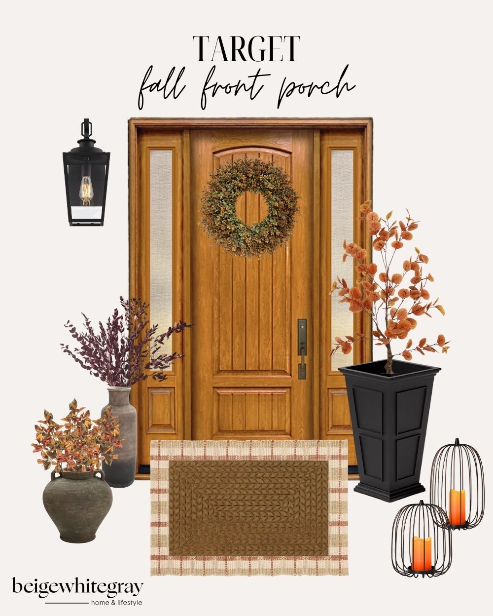 Target fall front porch decorating ideas with wood front door, autumn wreath, plaid layered doormat, lanterns with candles, black planters with fall branches, and neutral vases with seasonal stems.
