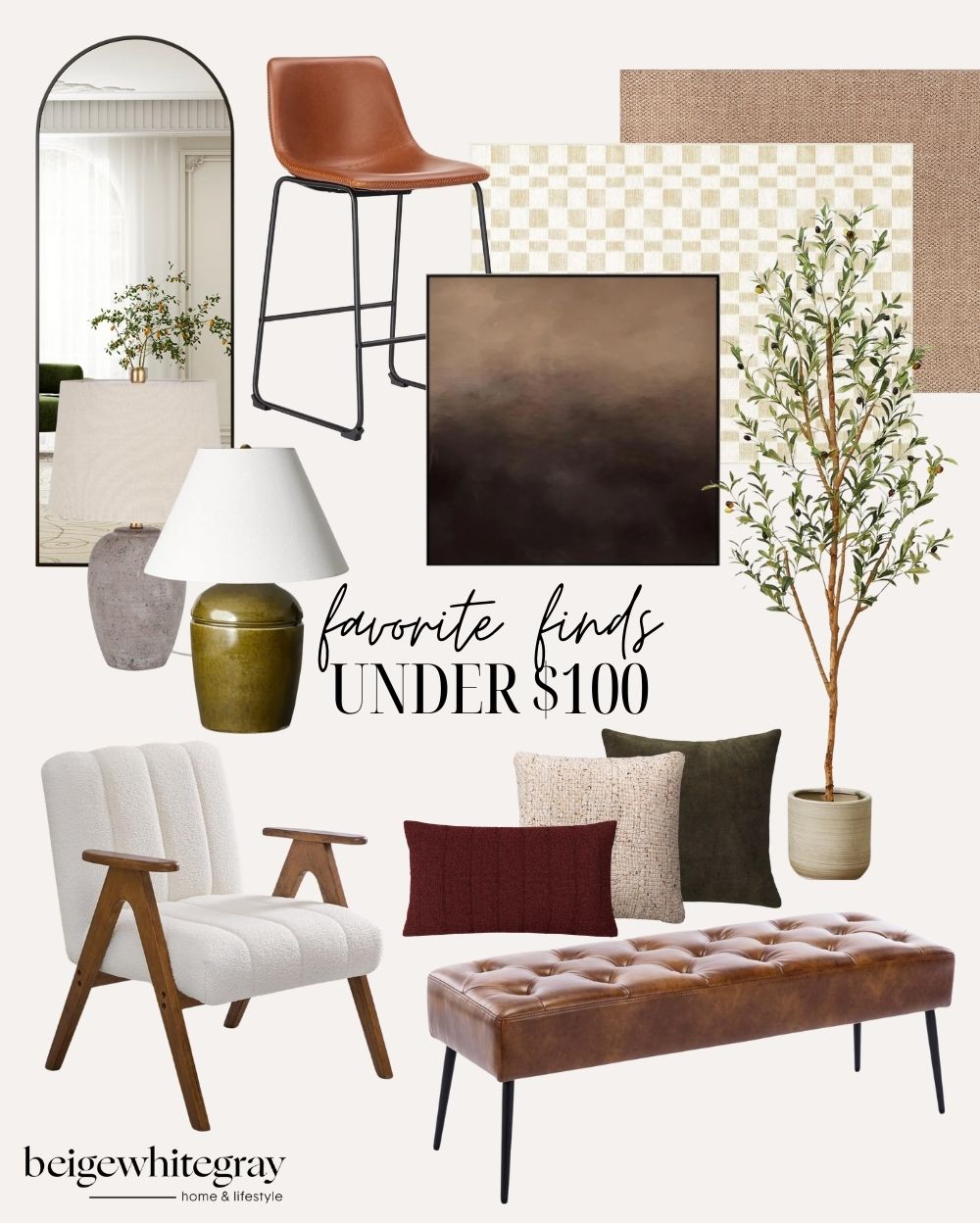 Affordable home décor finds under $100 including modern accent chair, leather bar stool, tufted bench, neutral area rugs, olive tree in planter, ceramic table lamps, throw pillows, wall art, and arched floor mirror for budget-friendly decorating ideas.
