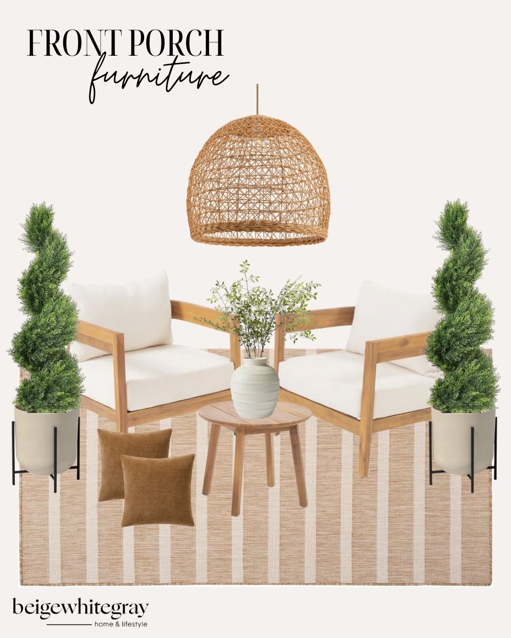 Front porch furniture set with wooden armchairs and white cushions, striped outdoor rug, round wooden side table, woven pendant light, potted greenery topiaries, neutral throw pillows, and ceramic vase with stems for modern outdoor decorating ideas.
