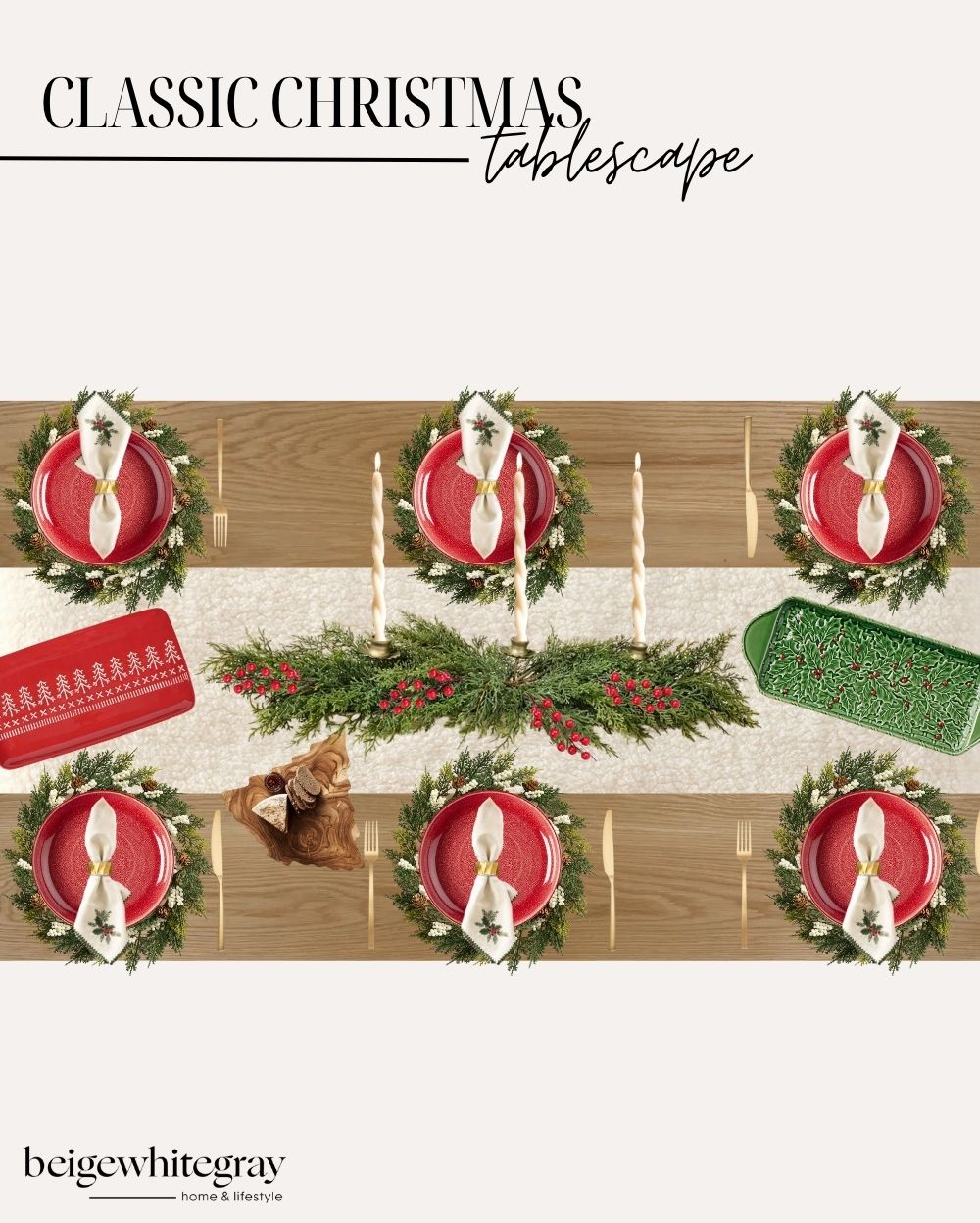Classic Christmas tablescape with red dinnerware, greenery wreath chargers, embroidered napkins, gold flatware, and festive serving trays styled with candles and holiday garland for a timeless Christmas dining table look.
