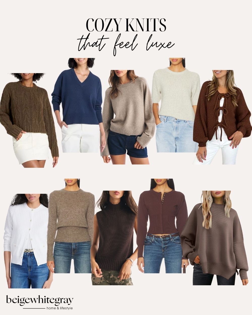 Cozy knit sweater collage featuring women’s fall fashion in neutral tones with cable knit pullovers, oversized sweaters, cardigans, sleeveless knits, and cropped sweaters in brown, beige, white, and navy.
