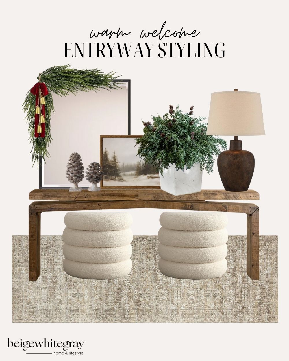 Cozy holiday entryway styling with a rustic wood bench, boucle stools, framed art, greenery arrangement, pinecones, and a table lamp, creating an inviting Christmas entryway with warm neutral décor.