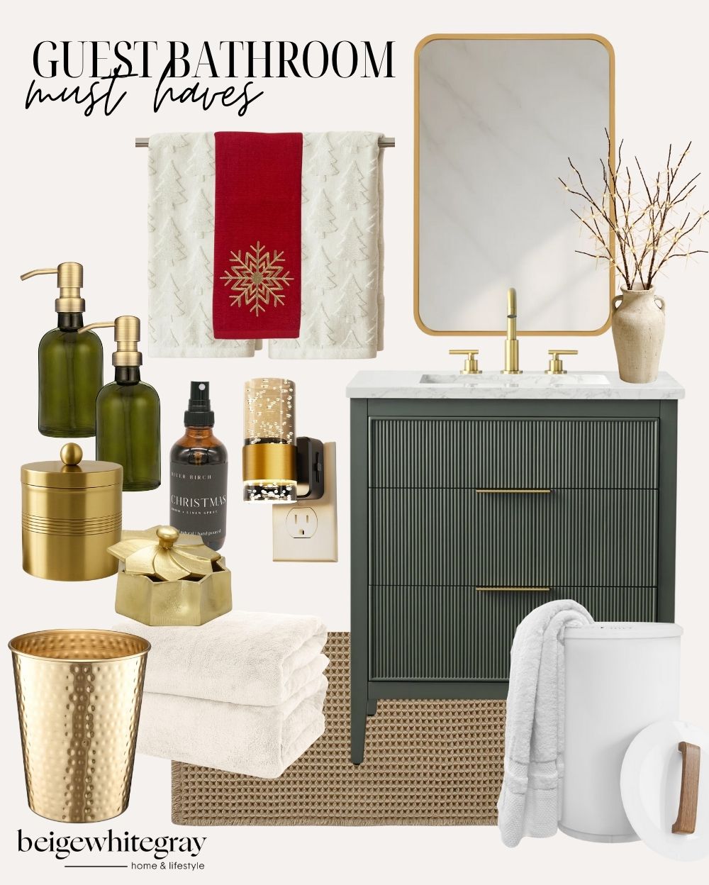 Elegant guest bathroom setup featuring green vanity, gold accents, cozy towels, Christmas hand towels, festive soap dispensers, and seasonal candlelight for a sophisticated holiday guest bathroom refresh.