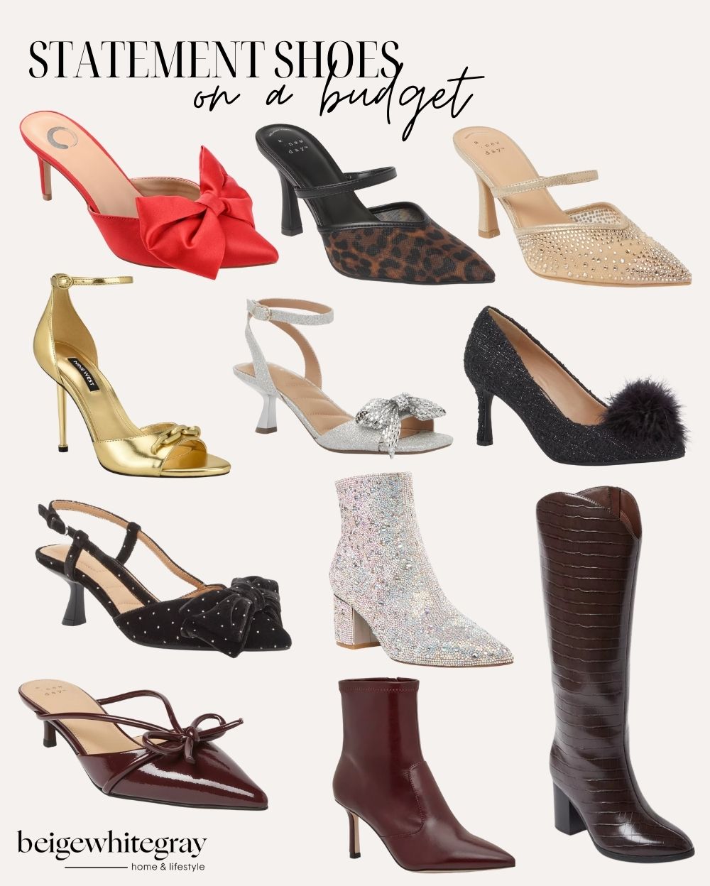 Budget friendly statement shoes collage with holiday heels and boots including red bow mules, leopard print slingbacks, gold sandals, glitter boots, velvet pumps, and tall croc embossed brown boots.