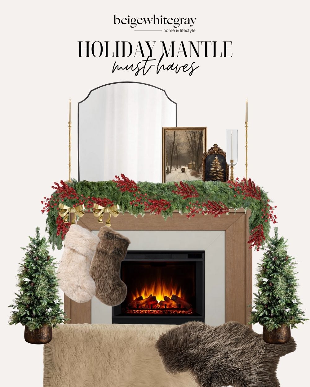 Holiday mantle collage featuring a wooden fireplace with lush greenery and red berry garland, gold ribbon stockings, small Christmas trees, a curved mirror, winter artwork, brass candlesticks, and cozy faux fur accents.