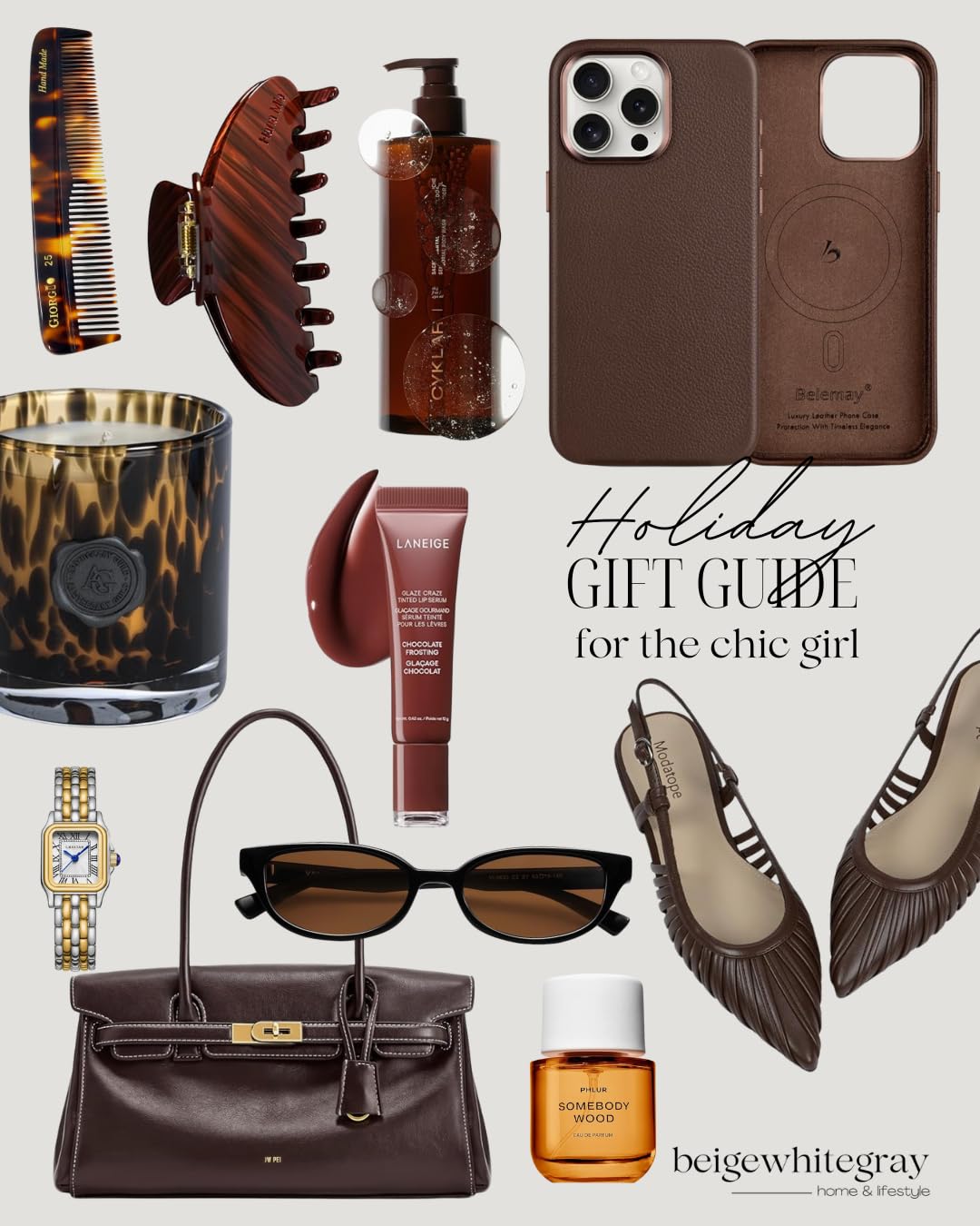 Holiday gift guide for the chic girl with tortoise hair accessories, luxury body wash, brown leather phone case, tortoise candle, Laneige lip balm, designer inspired handbag, sunglasses, gold watch, pointed flats, and warm fragrance oil.