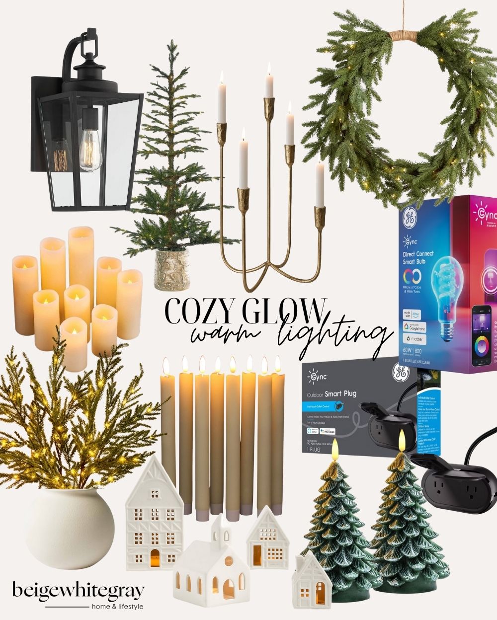 Warm lighting collage showcasing flameless pillar candles, taper candles, ceramic holiday houses, lit tabletop trees, a brass candelabra, a hanging wreath, a small potted Christmas tree, outdoor lantern lighting, and GE smart lighting accessories.