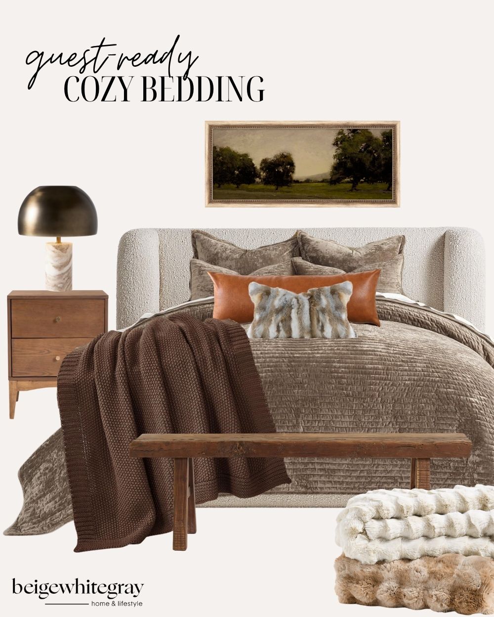 Cozy bedding collage with a textured upholstered bed, layered neutral bedding, faux fur pillows, a warm brown knit blanket, a wooden bench, bedside table with a brass lamp, and soft throw blankets styled for a guest room.