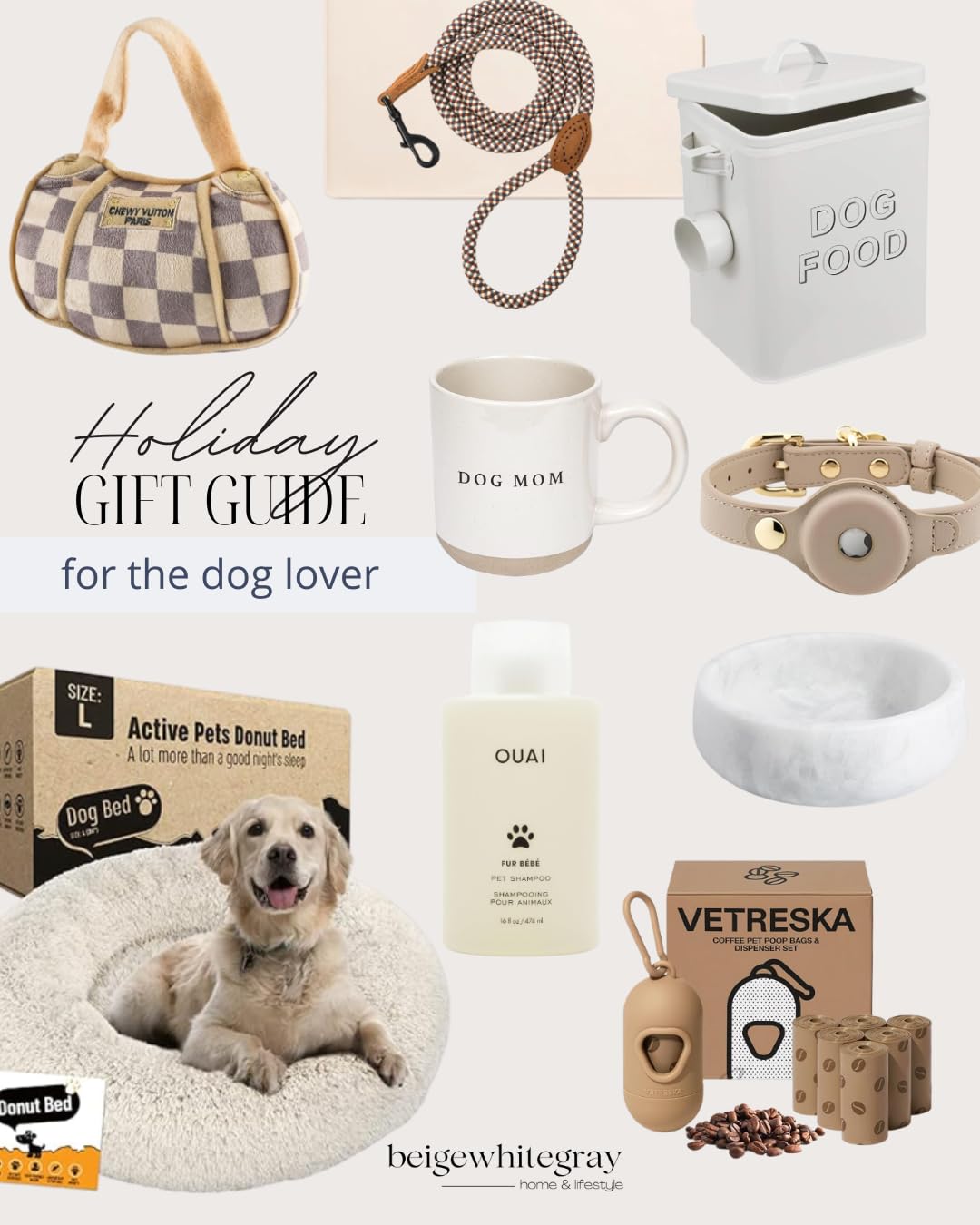 Holiday gift guide for dog lovers with a designer inspired dog tote, rope leash, ceramic dog food container, dog mom mug, pet shampoo, plush dog bed, marble pet bowl, treat dispenser, and waste bag set.