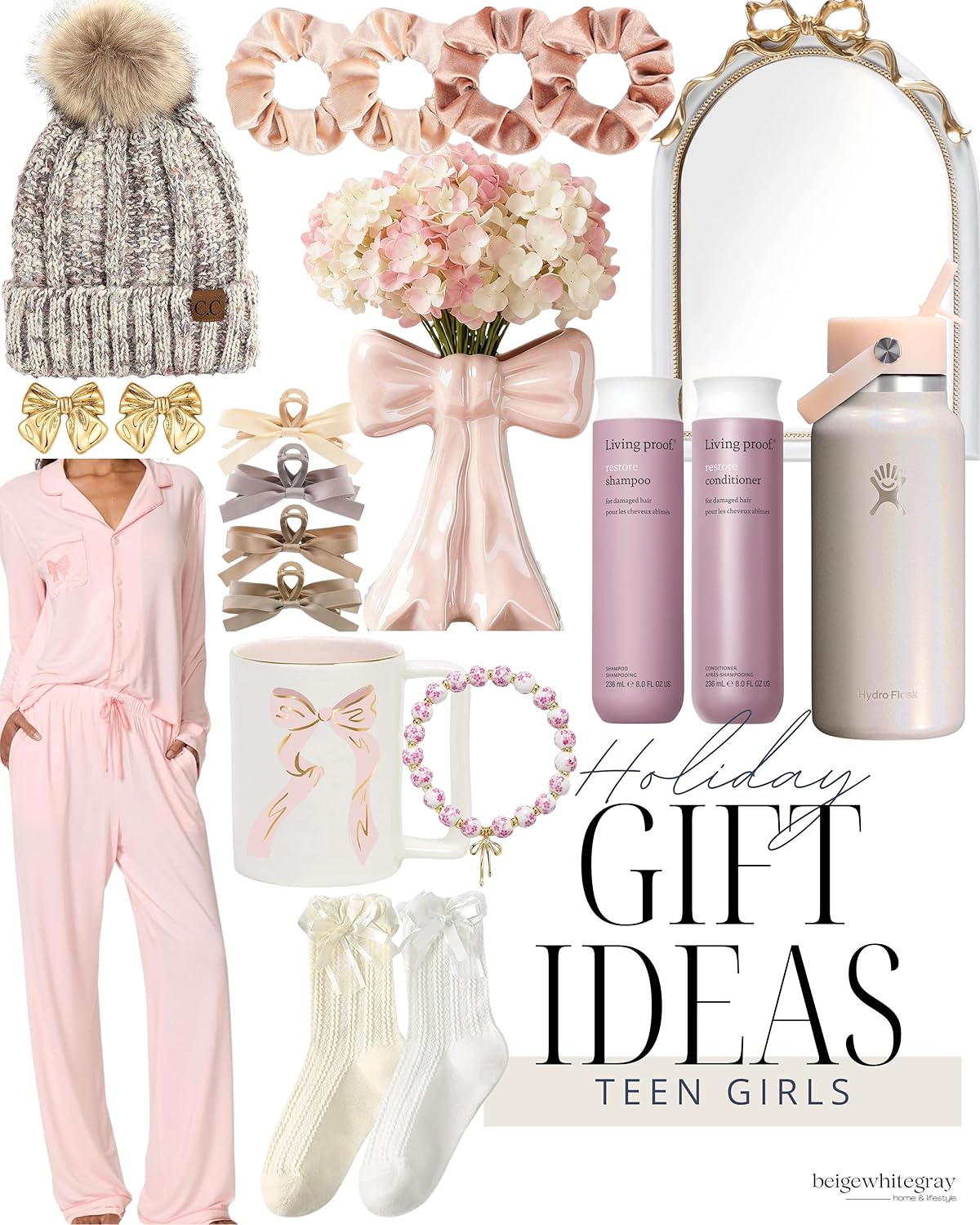 Holiday gift ideas for teen girls including pink pajamas, faux fur pom beanie, velvet scrunchies, bow earrings, bow vase, Living Proof haircare, Hydro Flask bottle, pastel bracelets, bow socks, and hair clips.