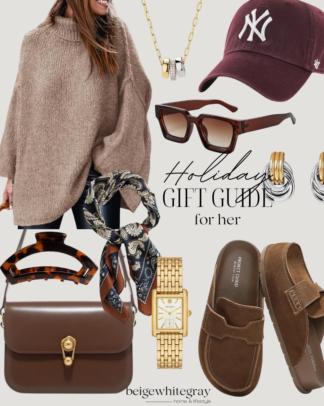 Holiday gift guide for her featuring a neutral knit sweater, gold jewelry, baseball cap, tortoise sunglasses, silk scarf, brown handbag, tortoise hair clip, gold watch, and brown suede slip on shoes.