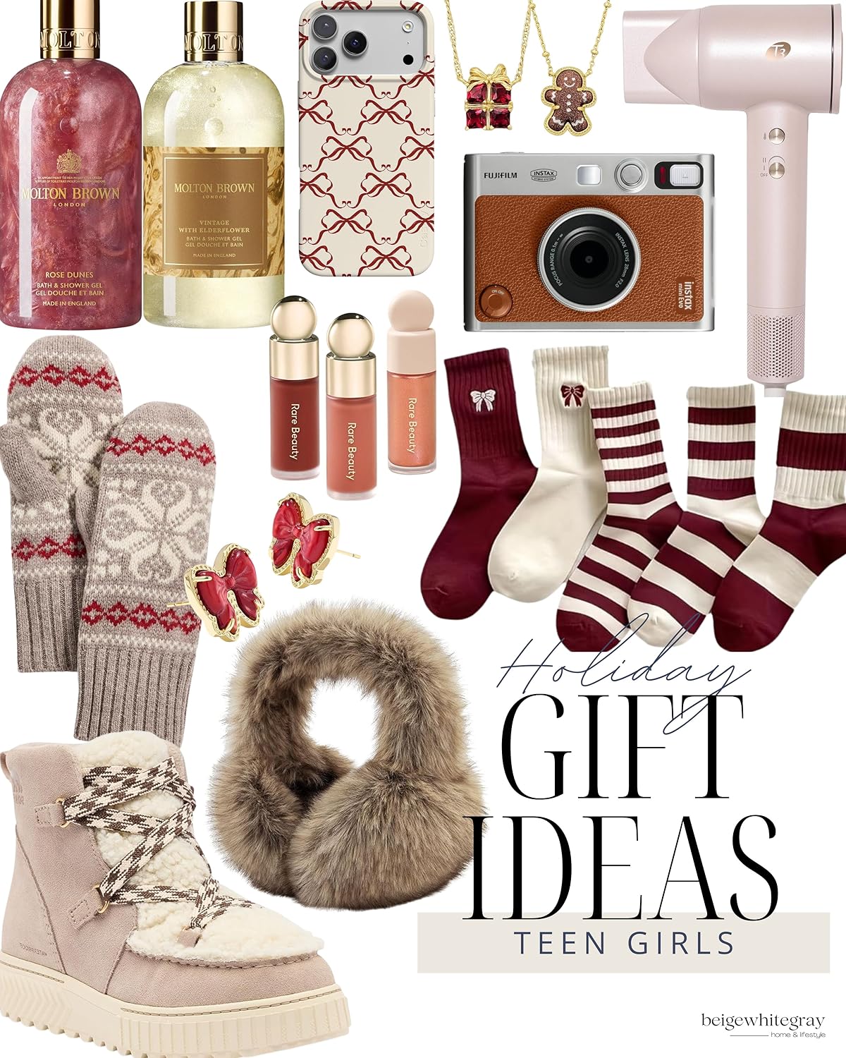 Holiday gift ideas for teen girls featuring beauty sets, Molton Brown bath products, patterned phone case, Fujifilm camera, cozy socks, winter gloves, gold and red earrings, furry scarf, and warm winter boots.