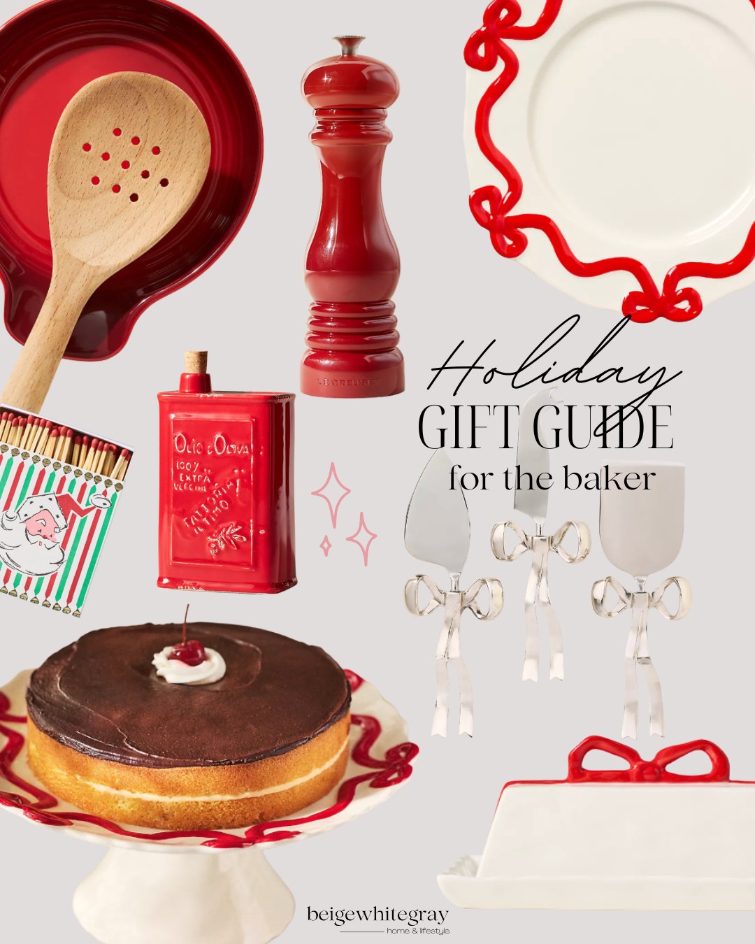 Holiday gift guide for the baker featuring red and white baking essentials including a ceramic cake stand, decorative plate, wooden spoon, red pepper mill, olive oil tin, festive matchbox, bow handled serving utensils, and a covered butter dish.