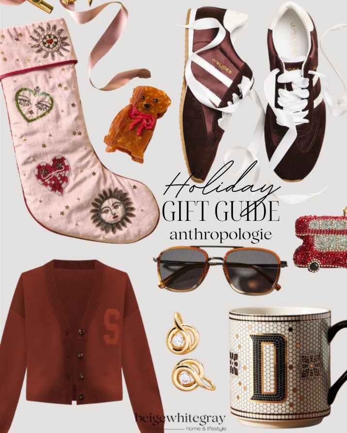 Holiday gift guide inspired by Anthropologie with a pink embellished stocking, vintage style sneakers, caramel cardigan, gold earrings, tortoise sunglasses, and a monogrammed mosaic mug.
