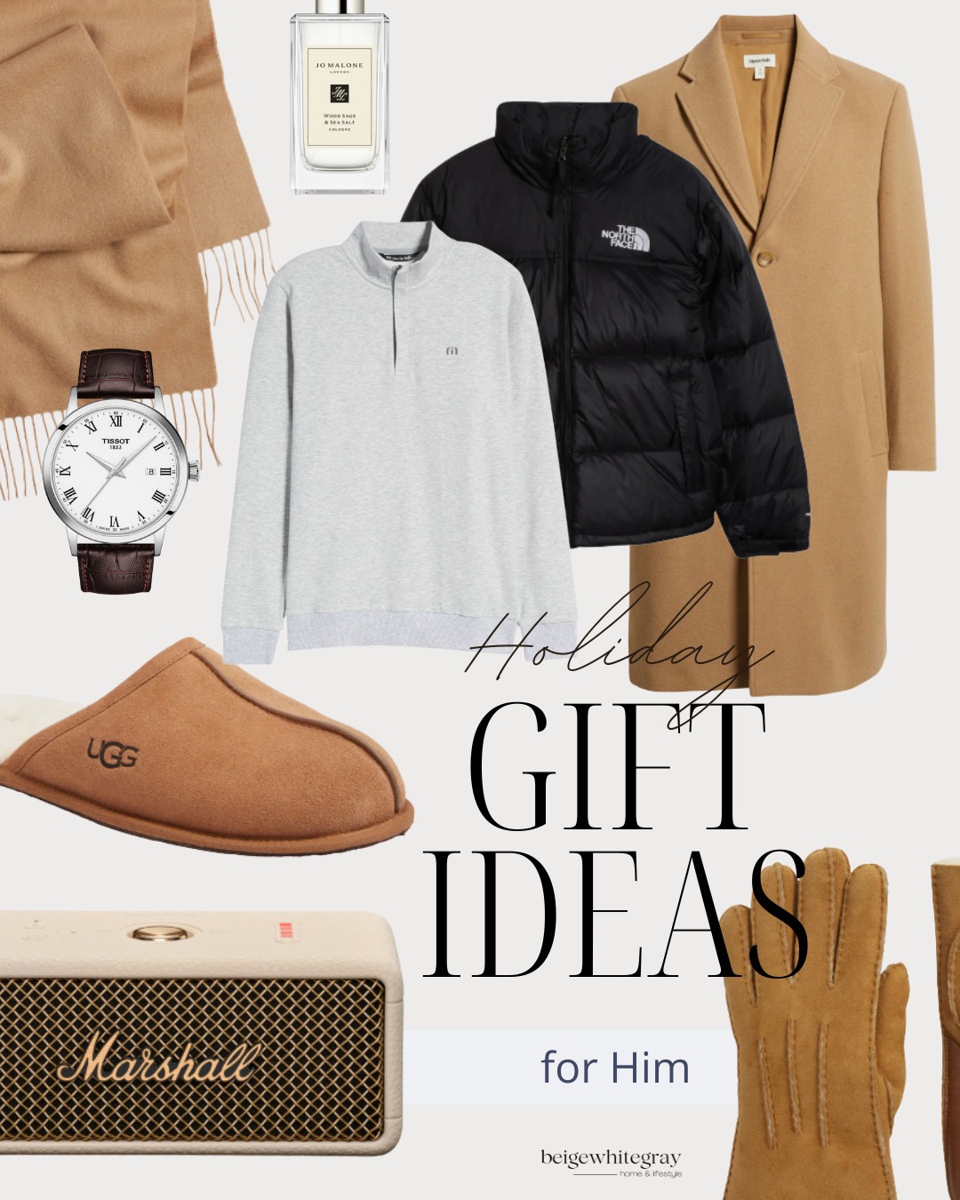 Holiday gift ideas for him featuring a wool scarf, Jo Malone cologne, black puffer jacket, camel coat, leather strap watch, grey quarter zip, suede slippers, Marshall speaker, and suede gloves.