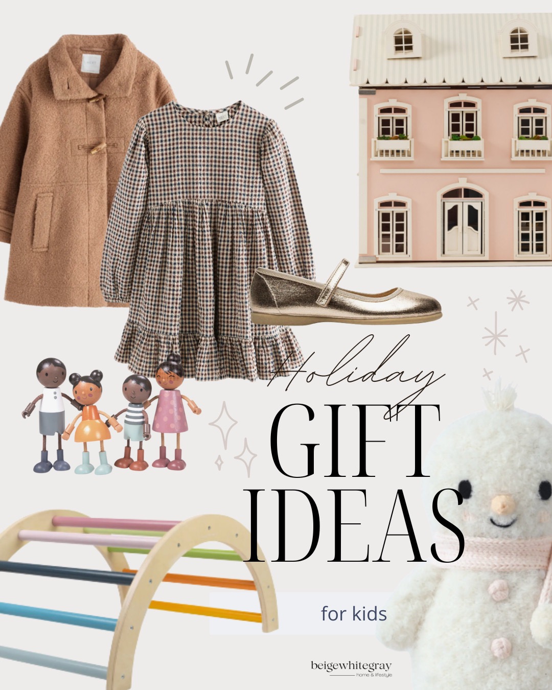 Holiday gift ideas for kids with a pink dollhouse, houndstooth dress, brown coat, gold Mary Janes, diverse wooden doll figurines, rainbow climber, and a plush snowman toy.