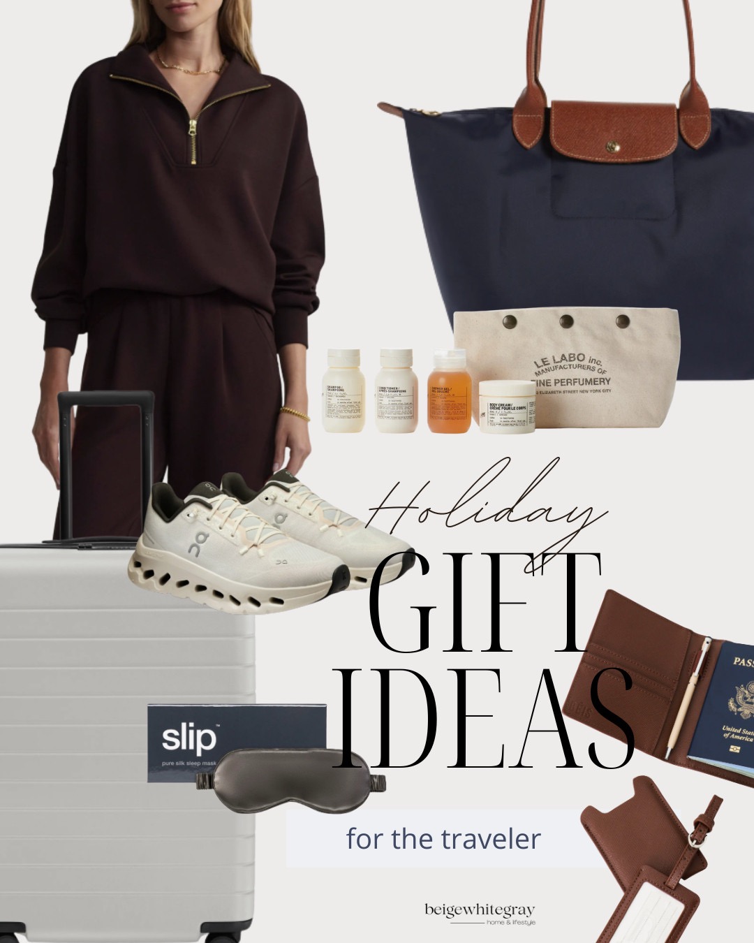 Holiday gift ideas for travelers featuring a matching lounge set, rolling suitcase, On Cloud sneakers, Longchamp travel tote, Le Labo travel set, leather passport holder, luggage tag, and a silk sleep mask.