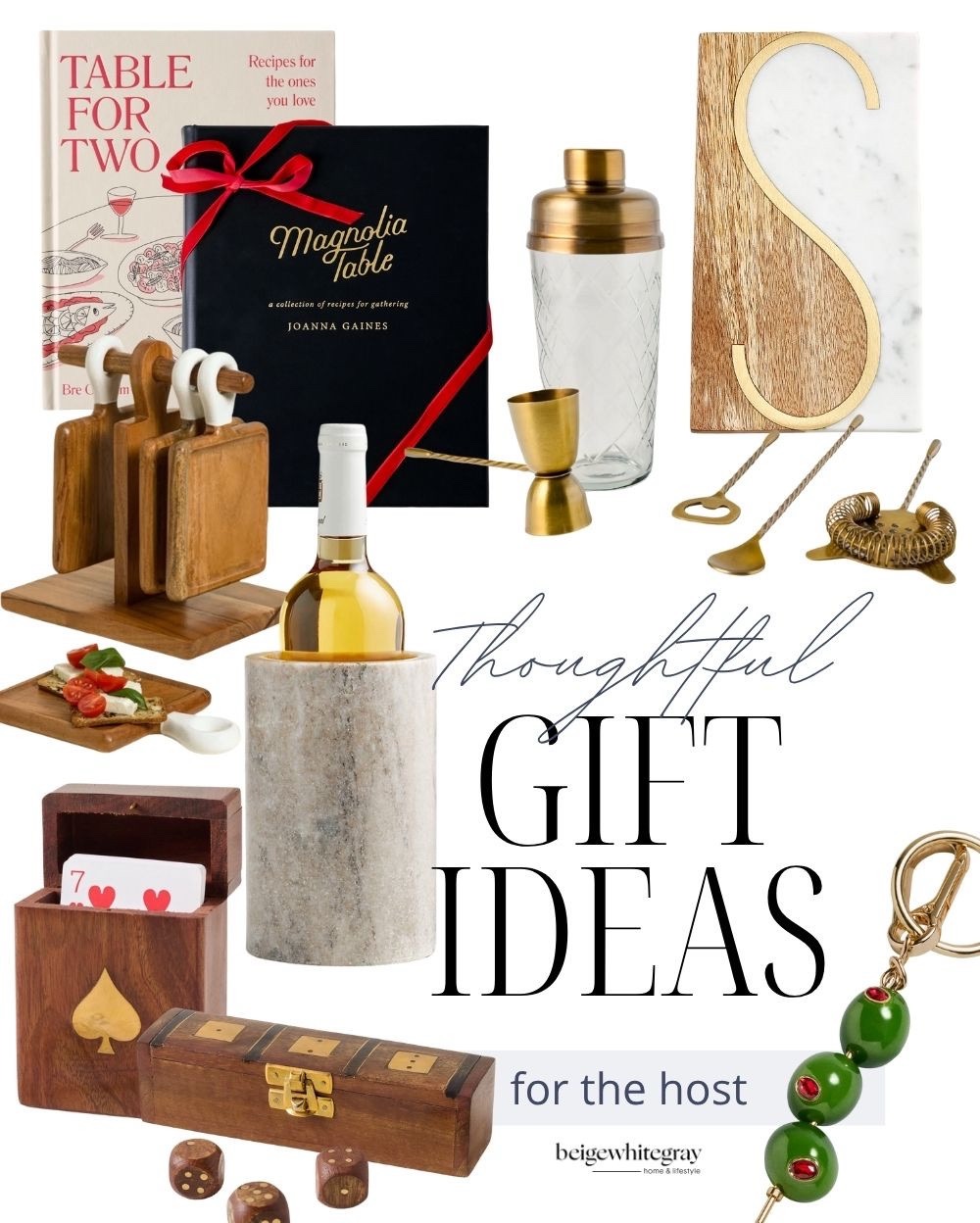 Thoughtful gift ideas for the host including cookbooks, wooden cutting boards, marble wine chiller, gold bar tools, personalized marble letter block, card set, wooden dice game, and festive beaded keychain.