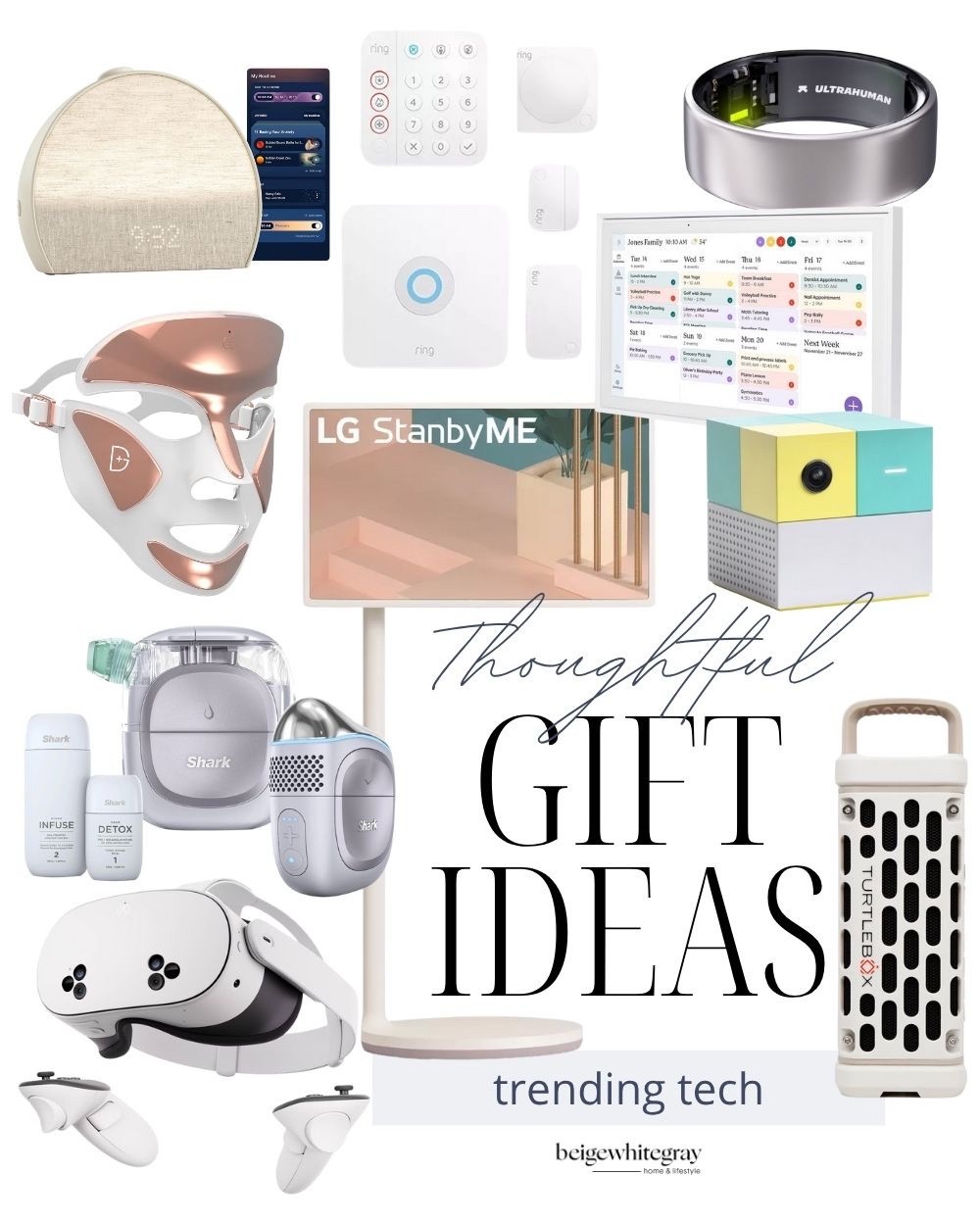 Trending tech gift ideas featuring a smart alarm clock, home security system, fitness ring, LG StanbyME touchscreen, projector, LED face mask, handheld vacuum, Shark cleaning system, VR headset, and portable Turtlebox speaker.