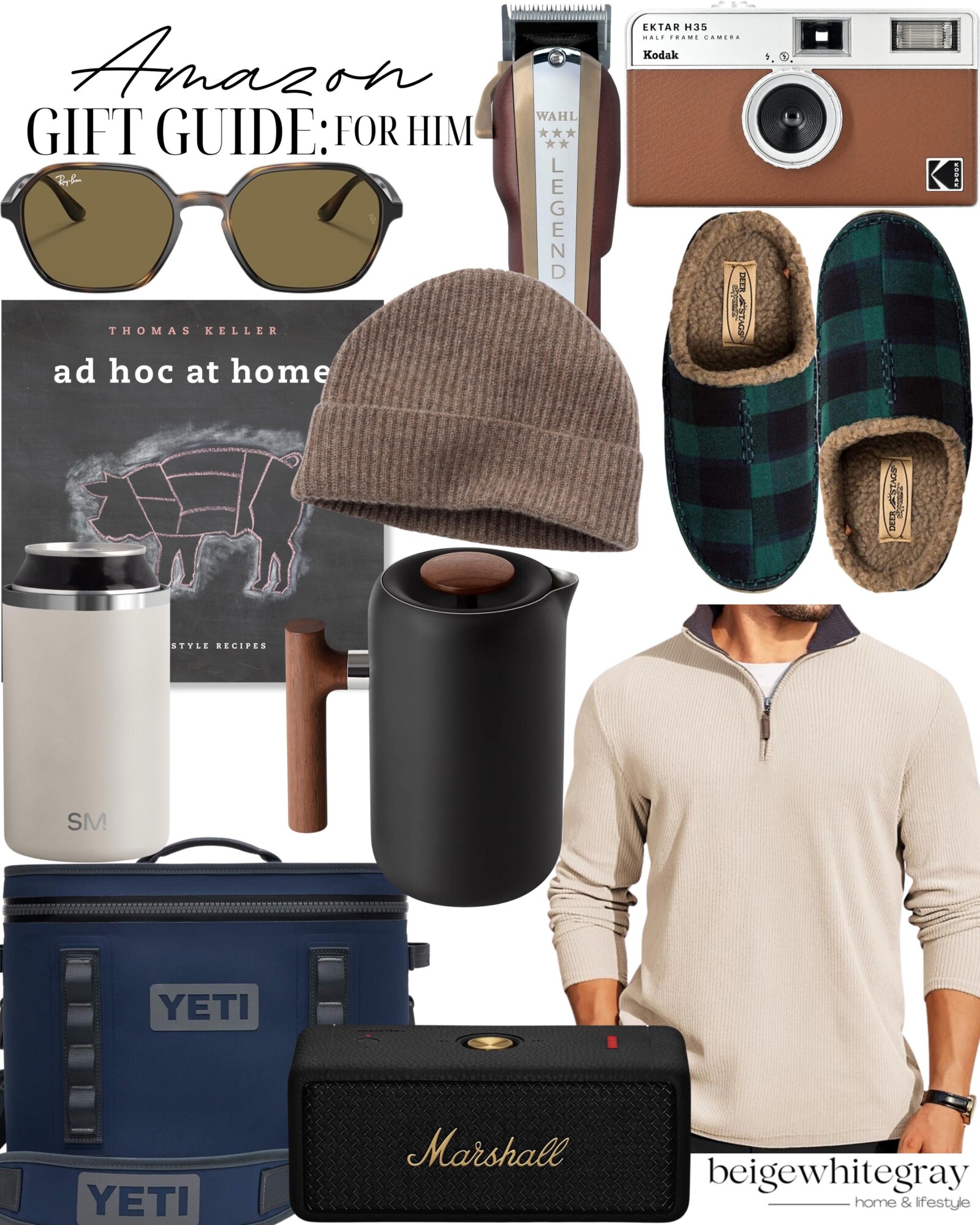 Amazon gift guide for him featuring Ray-Ban sunglasses, beard trimmer, Kodak camera, wool beanie, plaid slippers, coffee table cookbook, travel mug, matte black kettle, YETI cooler, Marshall speaker, and a neutral quarter zip pullover.