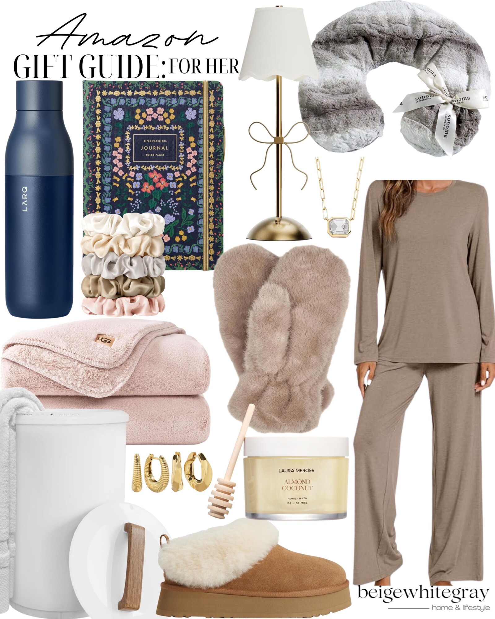 Amazon gift guide for her including a blue Larq water bottle, floral journal, silk scrunchies, gold bow lamp, neck wrap, gold necklace, cozy loungewear set, fuzzy slippers, plush throw blanket, gold hoop earrings, honey dipper, and Laura Mercier body cream.
