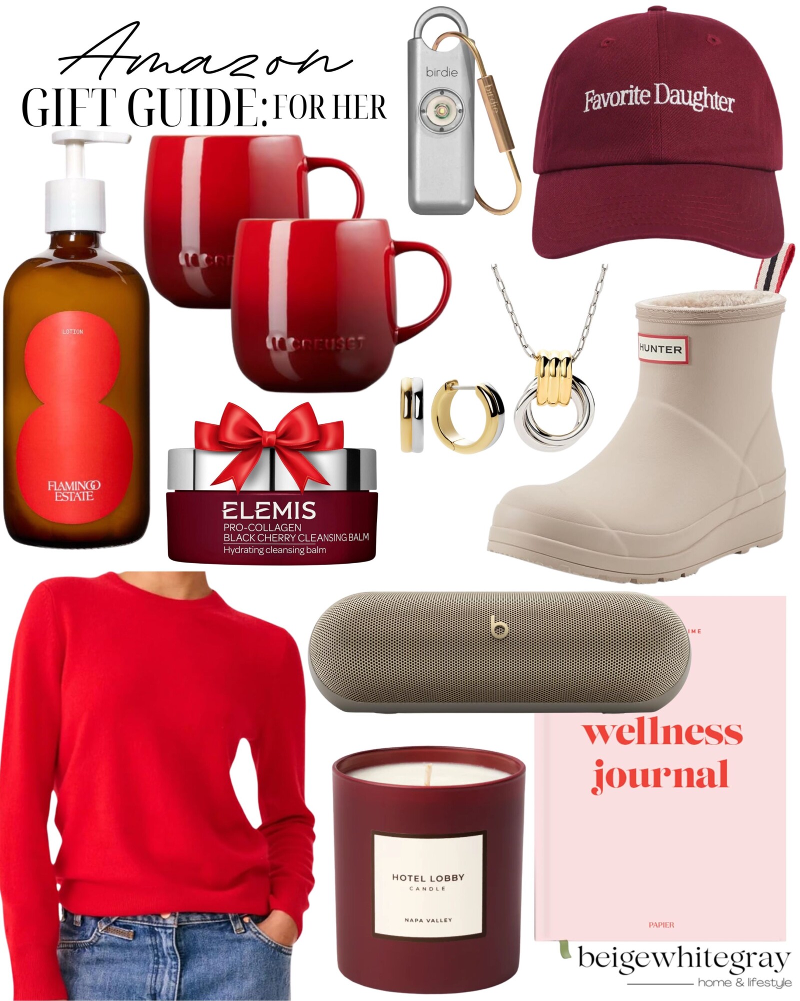 Amazon gift guide for her featuring red Le Creuset mugs, Flamingo Estate lotion, personal safety alarm, burgundy Favorite Daughter hat, gold and silver hoop earrings, Hunter boots, red sweater, Beats speaker, Hotel Lobby candle, wellness journal, and Elemis cleansing balm.