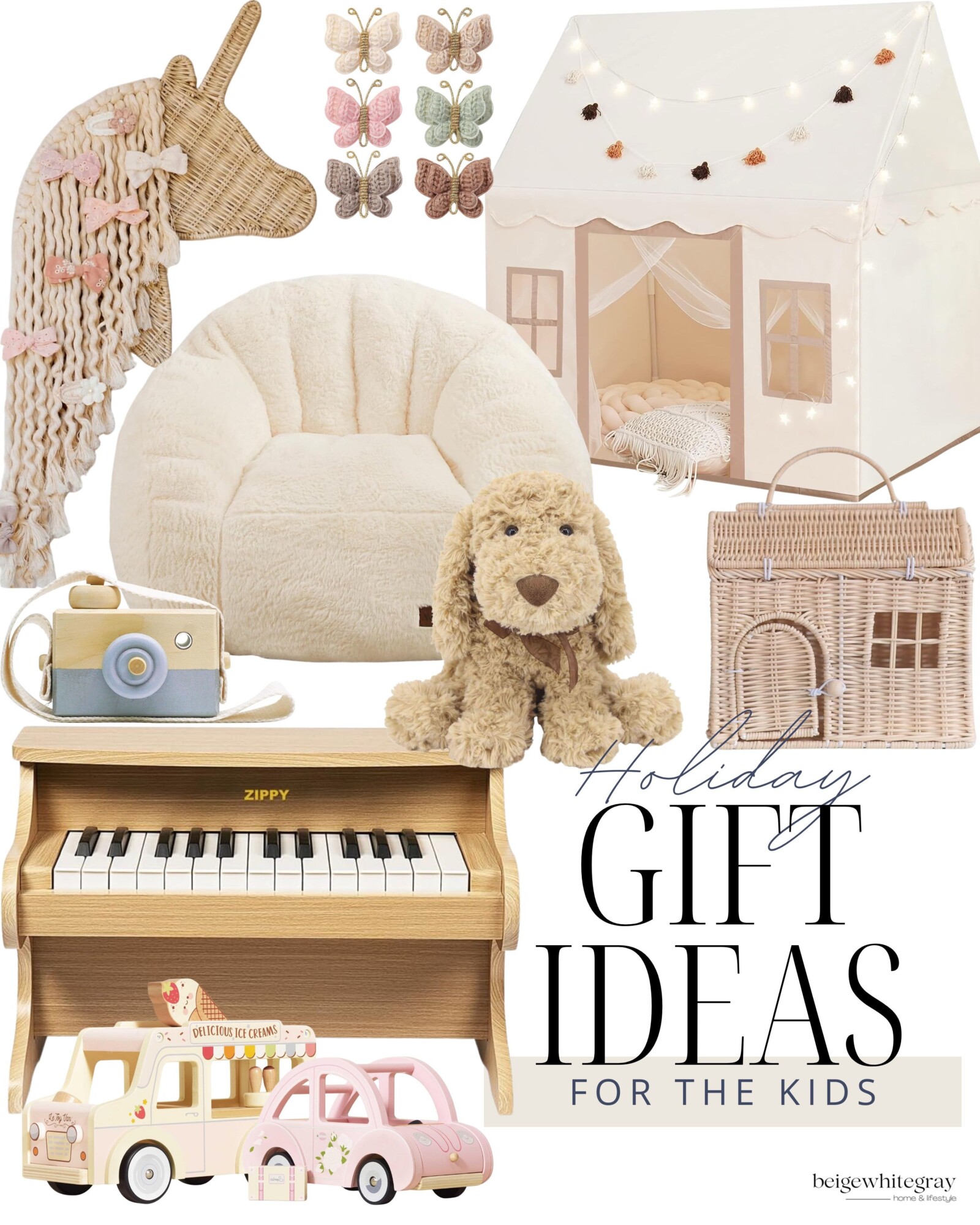 Holiday gift ideas for kids including a wicker unicorn wall decor piece, butterfly hair clips, light up play tent, plush chair, stuffed dog, wooden toy camera, small wooden piano, wicker doll house purse, and pastel wooden toy vehicles.