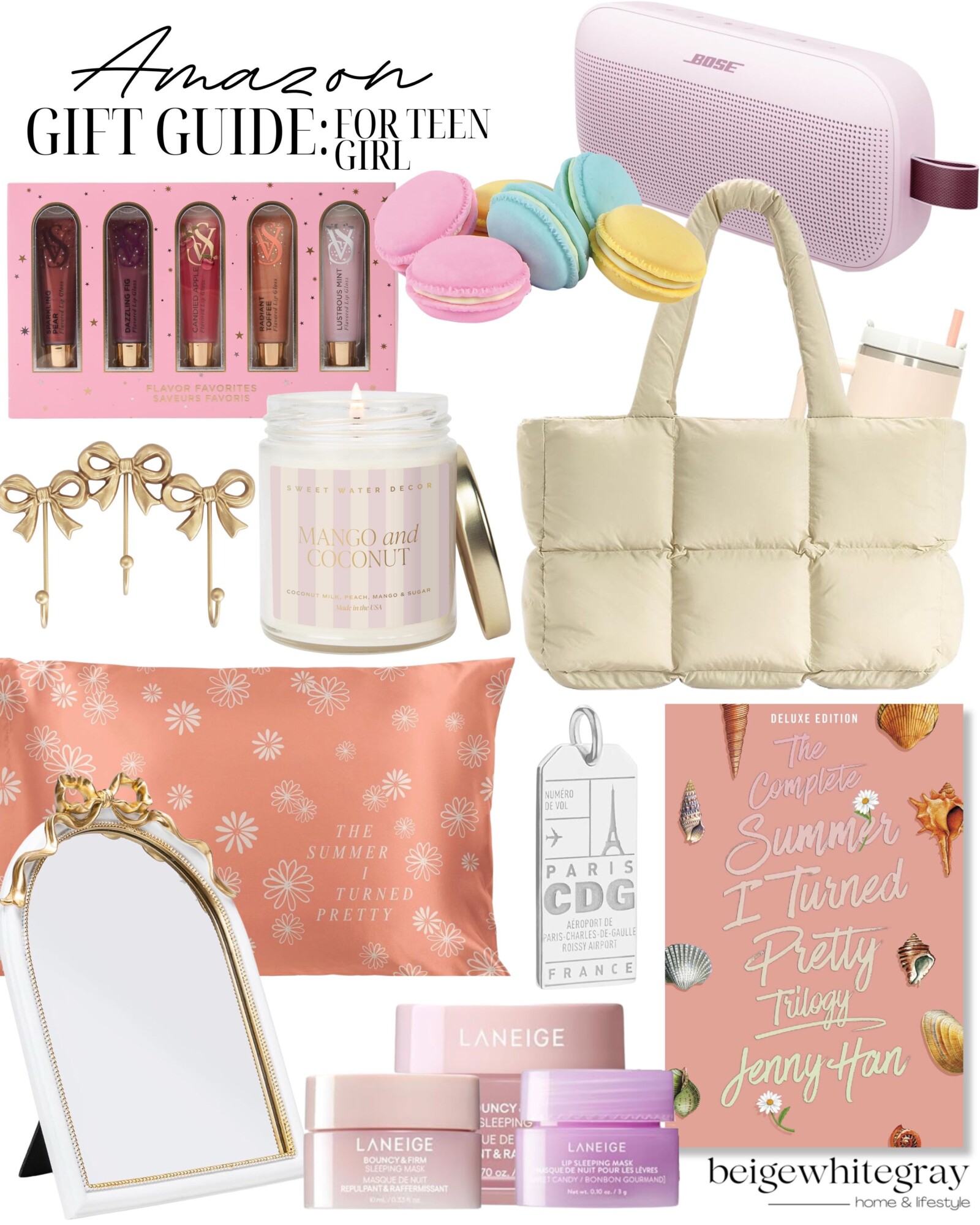 Amazon gift guide for teen girls featuring flavored lip gloss set, pastel macaron earbuds case, pink Bose speaker, bow earrings, mango and coconut candle, puffer tote bag, floral pillowcase, Paris luggage tag, Summer I Turned Pretty book set, vanity mirror, and Laneige skincare set.