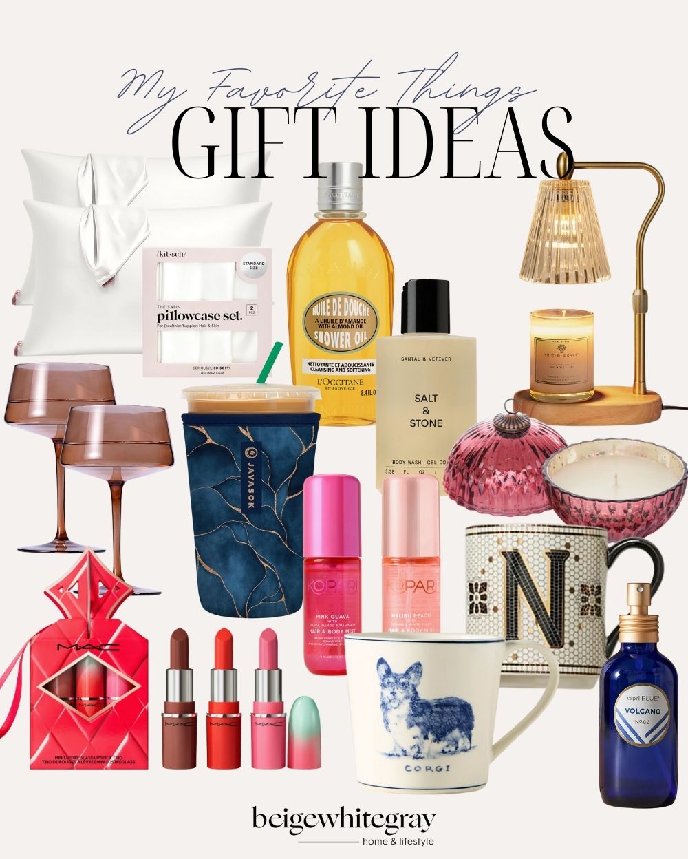 Gift guide collage featuring beauty, home, and lifestyle gift ideas including candles, mugs, glassware, and cozy essentials