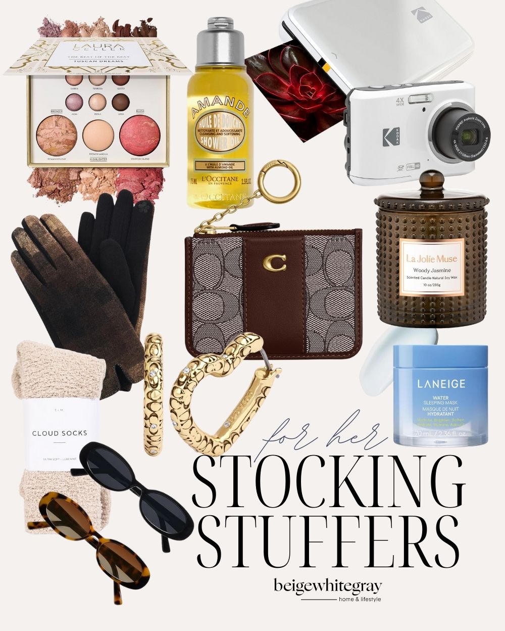 Stocking stuffer gift ideas for her including beauty products, accessories, candles, sunglasses, and cozy socks