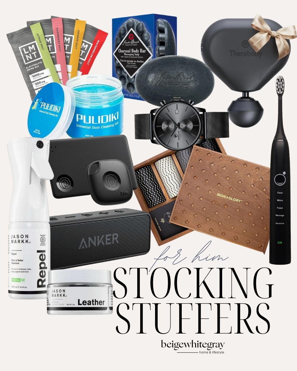 Stocking stuffer gift ideas for him including grooming tools, tech accessories, leather care products, and everyday essentials